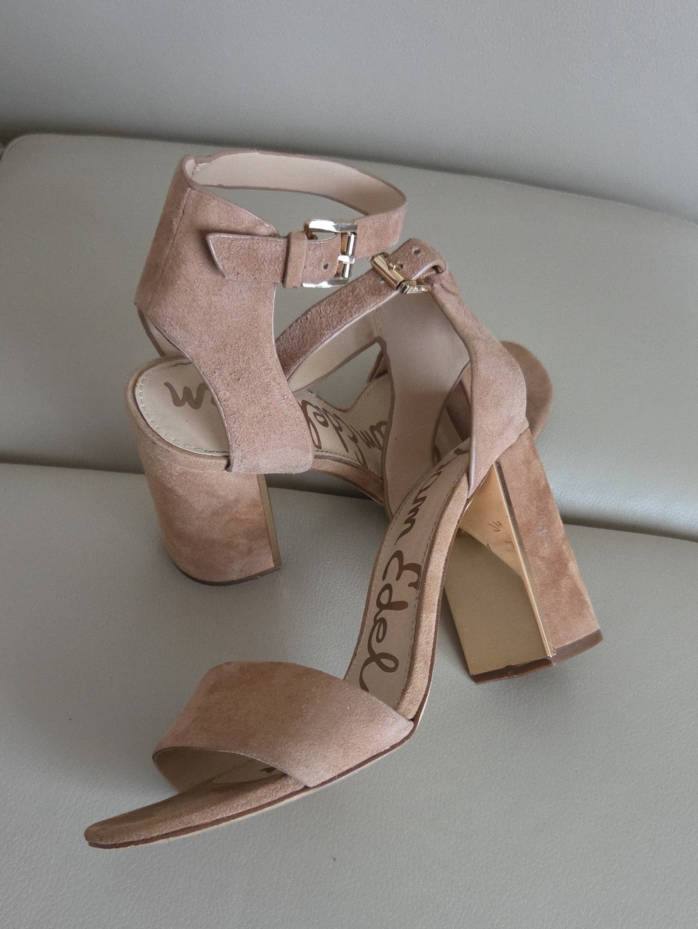 Sam Edelman Taupe Suede Block Heel Sandals Size 7.5M